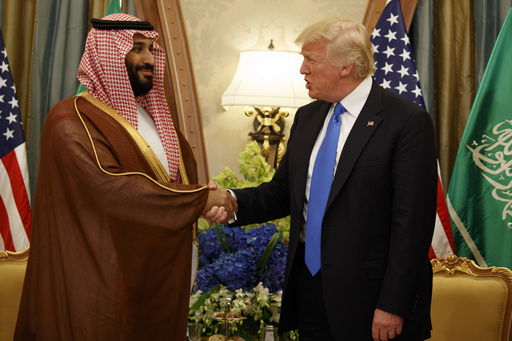 FILE- President Donald Trump shakes hands with Saudi Deputy Crown Prince and Defense Minister Mohammed bin Salman during a bilateral meeting, in Riyadh, May 20, 2017. (AP Photo/Evan Vucci, File) FILE- President Donald Trump shakes hands with Saudi Deputy Crown Prince and Defense Minister Mohammed bin Salman during a bilateral meeting, in Riyadh, May 20, 2017. (AP Photo/Evan Vucci, File)